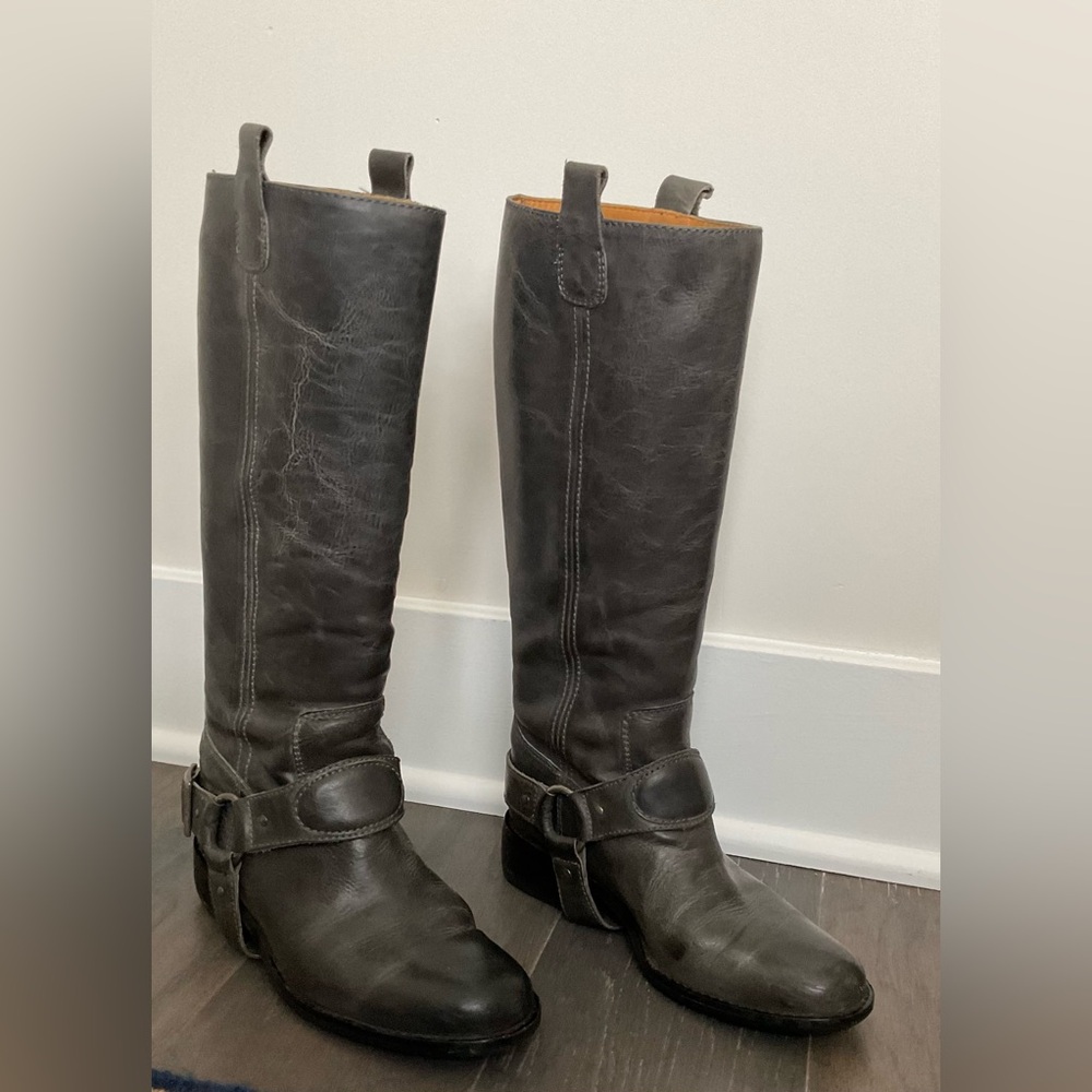 Saks Fifth Avenue 10022-Shoe Leather Moto Boot, Dark Gray, Size 6.5